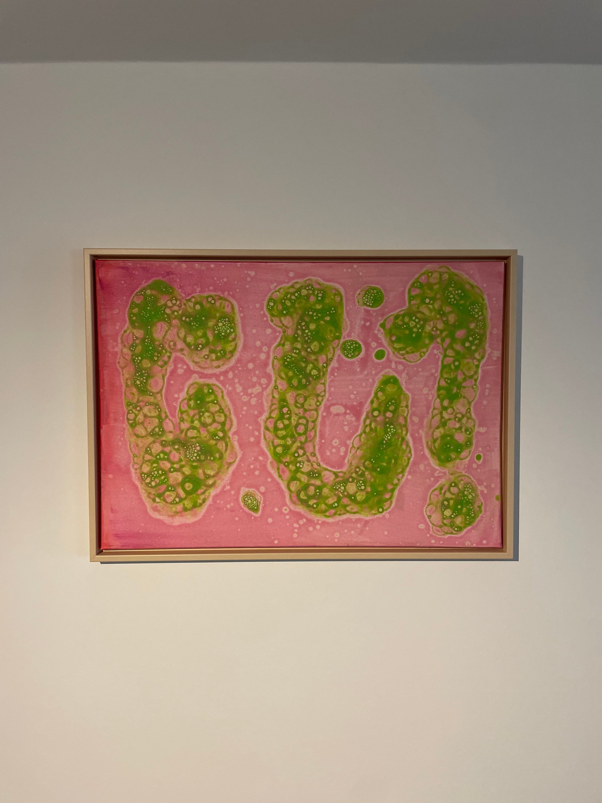 Kunstwerk von Jennifer Kemmling mit dem Titel "Excuse me???", 50cm hoch und 70cm breit, mit den Farben Pink und Grün